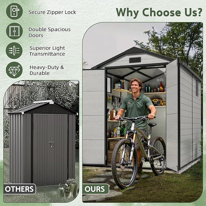 6×8FT Plastic Outdoor Storage Shed, Double Door Tool Shed with Transparent Roof and Vent, Lockable Door with Key, Storing Patio Furniture, Gardening Tools, and Bicycle Accessories.