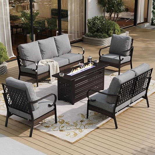 5 Piece Black Metal Outdoor Patio Furniture Sets with Firepit Table, Patio Conversation Sets 1 3-Seater Sofa, 1 2-Seater Sofa, 2 Single Sofa with 5.75" Cushion for Backyard Deck, Gray