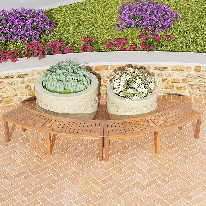 RELAX4LIFE Wooden Outdoor Curved Bench - Acacia Wood Garden Bench w/Slatted Seat, 2-Person Outside Backless Seating for Porch Backyard Deck Park, 800 LBS Load Capacity, Patio Fire Pit Bench (4, 58'')