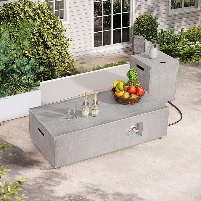 48" Rectangular Propane Gas Fire Pit Table with Round Burner – 50,000 BTU Fire Pit Table with Lid, Rocks, Cover and Tank Storage – Outdoor Table with Fire Pit (Light Grey, 48" Standard)