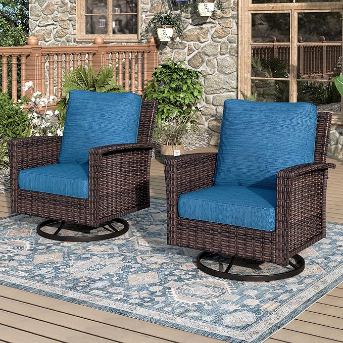 Swivel Patio Wicker Chairs Set of 2, Outdoor Swivel Patio Rattan Chairs with High Back and 5.5" Thick Cushions for Bistro Balcony Porch Deck and Yard, Peacock Blue