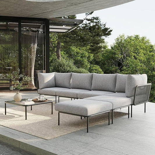 7 Piece Modern Outdoor Rope Wicker Sectional Patio L-Shaped Conversation Sofa Set Deep Seating with Thick Cushions