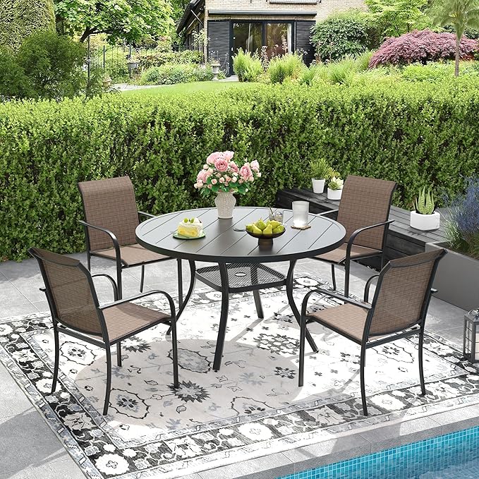 DIFY Outdoor Dining Table for 4, Round Patio Table with Umbrella Hole for Garden, Backyard and Porch (Black)