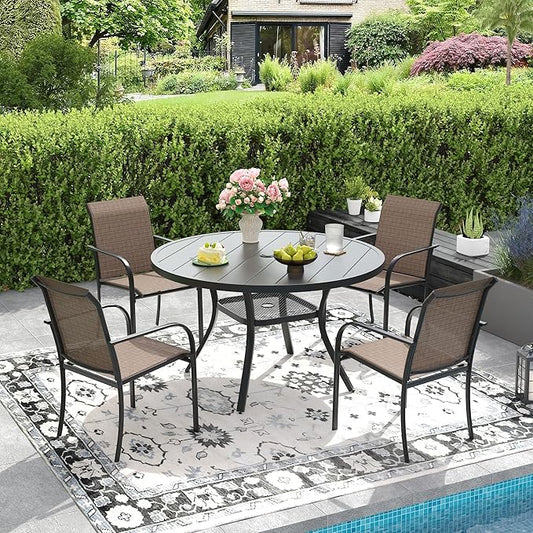 DIFY Outdoor Dining Table for 4, Round Patio Table with Umbrella Hole for Garden, Backyard and Porch (Black)