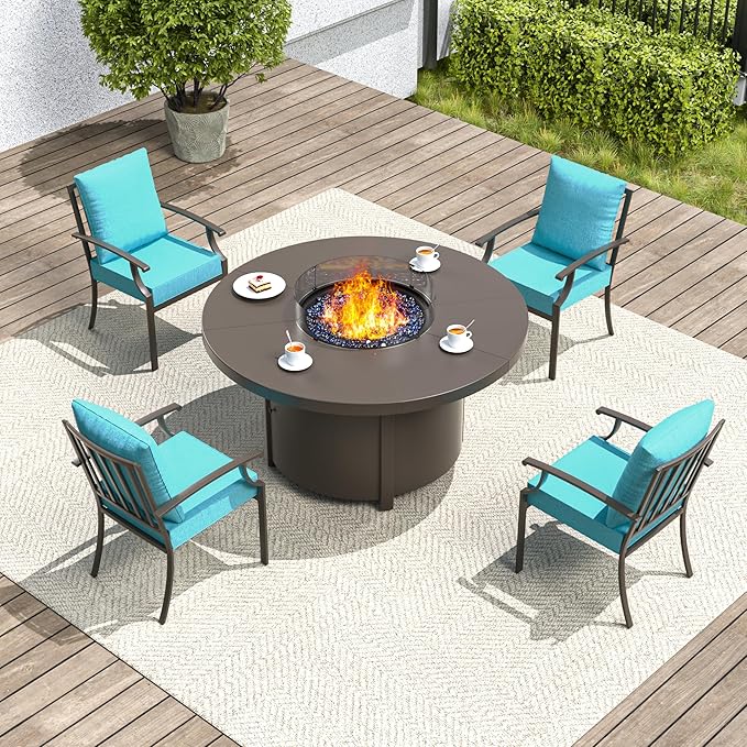 5 Pieces Patio Furniture Set with Round Fire Pit Table, Outdoor Conversation Sets 4 Chairs with Upgrade Cushions for Patio, Backyard Blue