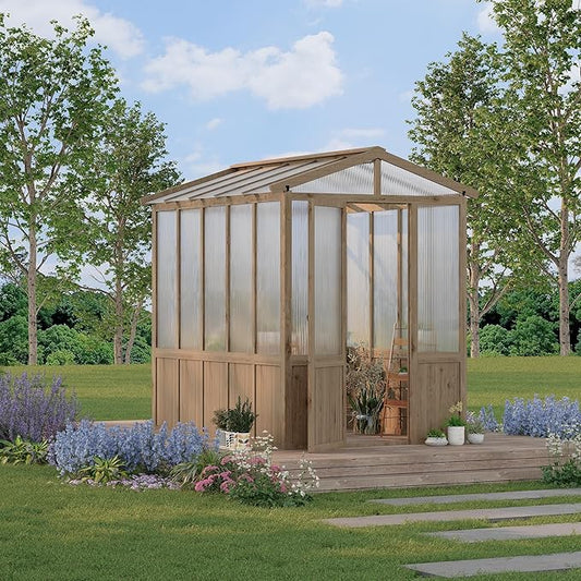 6x8FT Wooden Greenhouses for Outdoors, Wooden Walk-in Green House with Cedar Frame, Greenhouse Kit with 6MM Thick Polycarbonate Panel