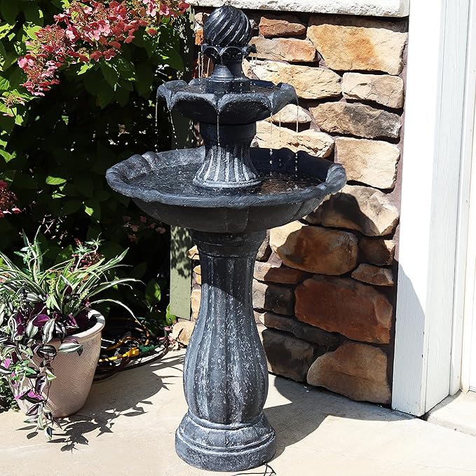 Sunnydaze 45-Inch 2-Tier Arcade Outdoor Solar Water Fountain - Outdoor Water Feature with LED Light for Garden, Patio, Yard or Balcony - Black