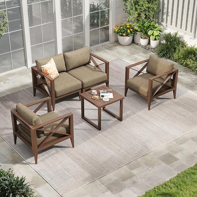 Aluminum Outdoor Furniture Set,4-Seats Patio Sectional Conversation Sofa with 6" All-Weather Cushions and Coffee Table,Outdoor Patio Furniture Set for Deck, Porch, Garden (Brown)