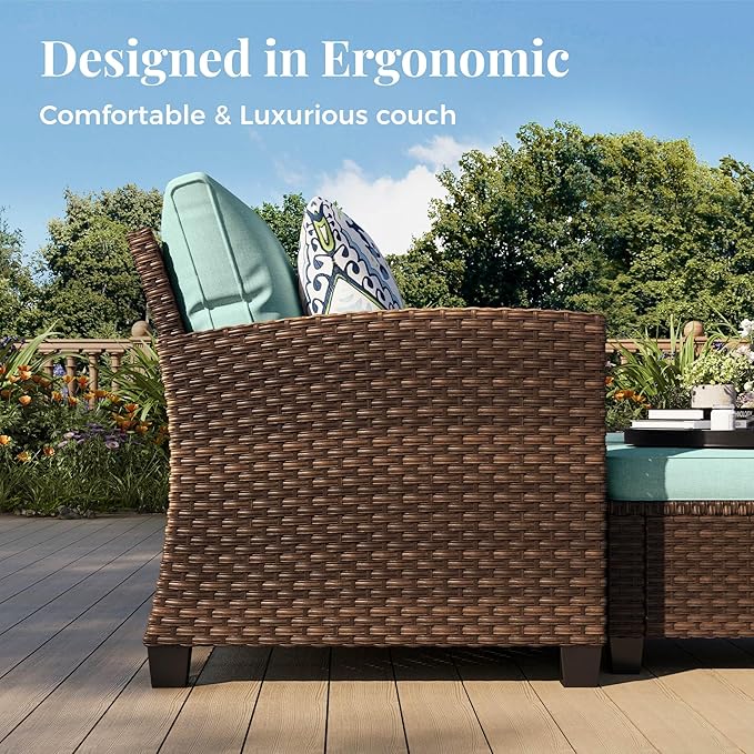 Patio Furniture Set, 5 Pcs Wicker Rattan Outdoor Conversation Set, 2 x Leg Chairs, 1 x 3 Seater Sofa and 2 x Ottoman with 4" Thick Cushion for Garden Backyard Deck, Blue