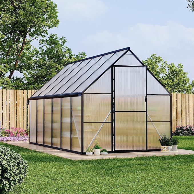 Polycarbonate Greenhouse for Outdoors, Large Walk-InGreenhouse with Quick Setup Structure and Roof Vent, Greenhouse with Ventilation and Rain Gutter