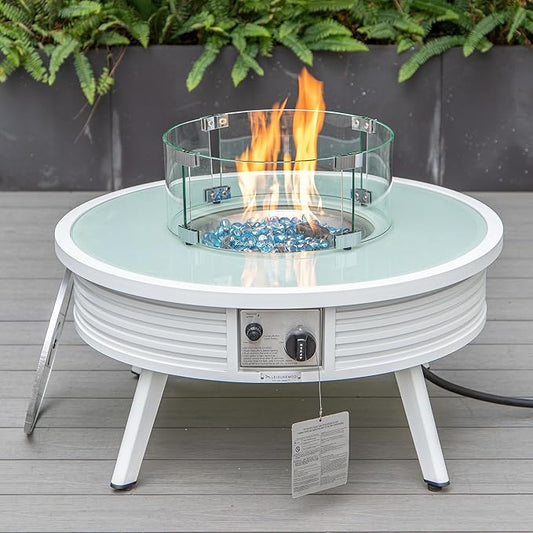 LeisureMod Walbrooke Modern Outdoor Round Fire Pit Table with Powder-Coated Aluminum Frame and Slats Design for Patio and Backyard Garden, White