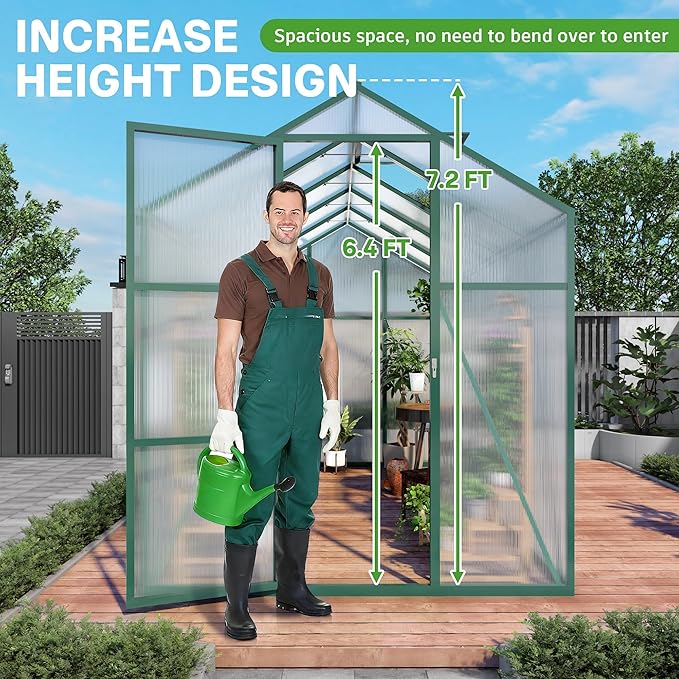 Greenhouse for Outdoors 6.1x6.1x7.2 FT, Polycarbonate Greenhouses with Roof Vent, Lockable Door and Ground Nails, Heavy-Duty Aluminum Walk-in Green House, Large Sunroom for Garden, Green