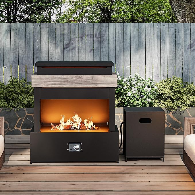 Outdoor Propane Fireplace w Tank Table, 50,000 BTU Gas Fire Pit with Ceramic Logs, Rain Cover, 35 Inch Steel Metal Smokeless Fireplace for Patio, Deck, CSA Certified (35 x 40 Inch)