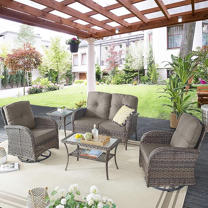 Belord Outdoor Wicker Furniture Set with Swivel Chairs, 5 Piece Small Patio Conversation Sets with Rattan Loveseat Coffee Table for Patio Deck Porch Backyard, Grey Cushion