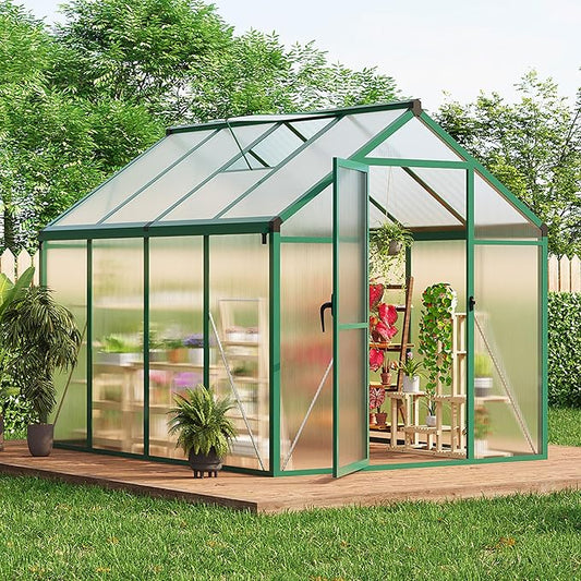 6 x 8 ft Greenhouse, Greenhouses for Outside, Polycarbonate Greenhouse with Aluminum Frame, Lockable Door and Ajustable Roof Vent for Backyard, Green Houses for Outside Garden Backyard, Patio
