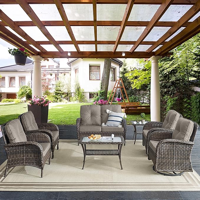 Belord 7 Piece Outdoor Patio Wicker Furniture Sets with Swivel Rocker Chairs, Rattan Loveseat Conversation Sets for Patio Deck Backyard Poolside, Grey Cushion