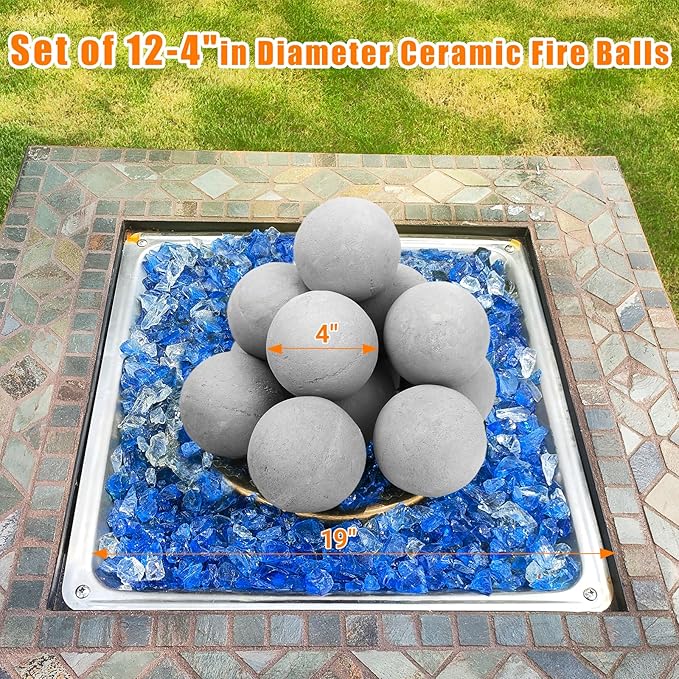 Ceramic Fire Balls, 4 Inch Set of 12 Fire Stones for Indoor & Outdoor Fire Pits or Gas Fireplaces, Reusable Decorative Landscaping and Fireplaces Accessories, Grey