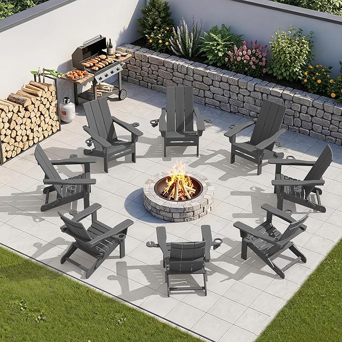 SERWALL Outdoor HDPE Adirondack Chair Set 6, Modern Folding Adirondack Chair with Cup Holders, Weather Resistant Fire Pit Chairs, Gray