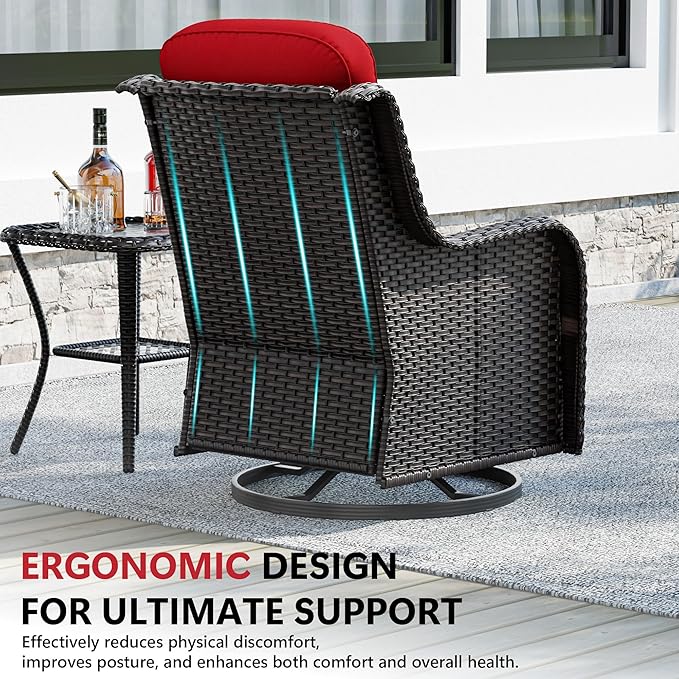 Patio Swivel Chairs Set of 4 and Side Table, Outdoor Swivel Rocker Patio Chairs with High Back and Thick Cushions, Wicker Patio Furniture Set for Porch, Deck Use (Red, 6 PCS)