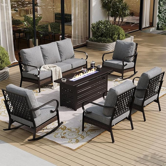 6 Piece Black Metal Outdoor Patio Furniture Sets with Firepit Table, Patio Conversation Sets 1 3-Seater Sofa, 2 Leg Sofa and 2 Rocking Sofa with 5.75" Cushion for Backyard Deck, Gray
