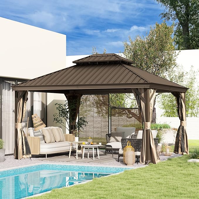 Domi 12x14FT Outdoor Gazebo, Hardtop Gazebo with Galvanized Steel Double Roof, Metal Gazebos with Drainage System Patio Pergola for Patio Deck Backyard,Curtain and Netting,Brown