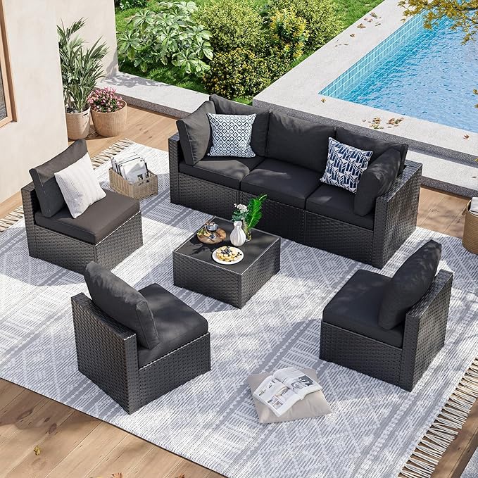 Aoxun 7 Piece Patio Furniture Set Wicker Rattan Patio Sectional Sofa Set Outdoor Seating Furniture with Thickened Cushion, Black