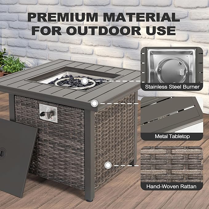 Nuu Garden 30 inch Outdoor Propane Fire Pit 50,000 BTU Gas Fire Pit Table with Lid, Hand-Woven Wicker, Square Gas Fire Table with Glass Beads for Garden, Patio, CSA Certification