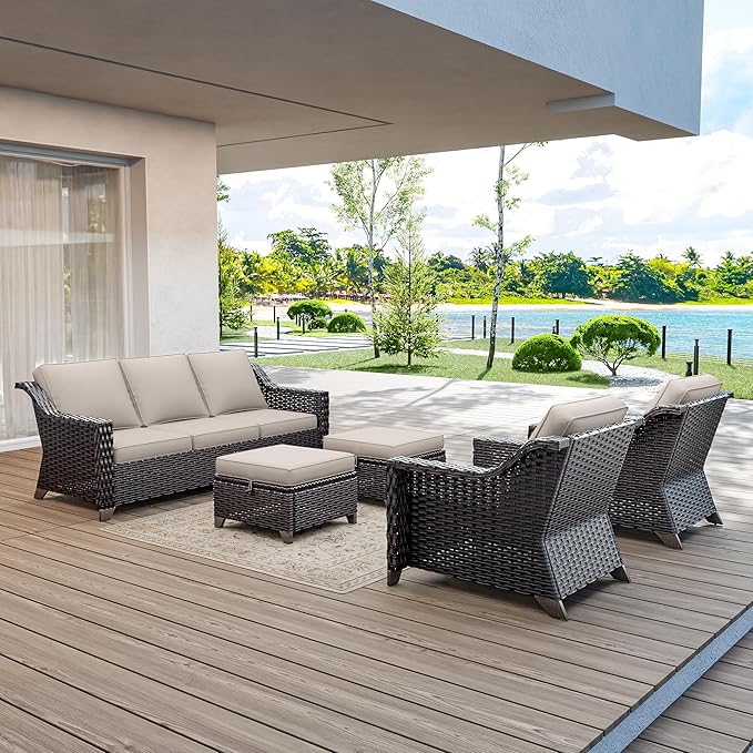 5 Pieces Wicker Patio Furniture, Luxury Outdoor Conversation Sets with 2 Patio Rattan Chair, 3-Seater Sofa, 2 Patio Ottoman, Wide Armrest, Thickened Cushions, Ideal for Deck, Porch Use