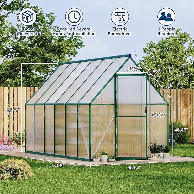 Polycarbonate Greenhouse for Outdoors, Large Walk-InGreenhouse with Quick Setup Structure and Roof Vent, Greenhouse with Ventilation