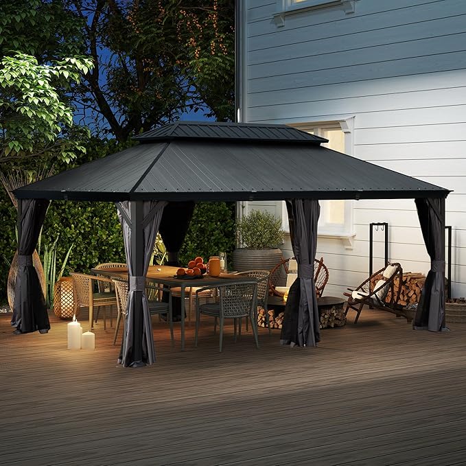 Domi 12' X 18' Hardtop Gazebo, Upgraded Metal Gazebo with Dual-Layer Resin Roof, Drainage System, Curtain and Netting, Outdoor Shelter Canopy for Patio, Garden, and Backyard, Grey