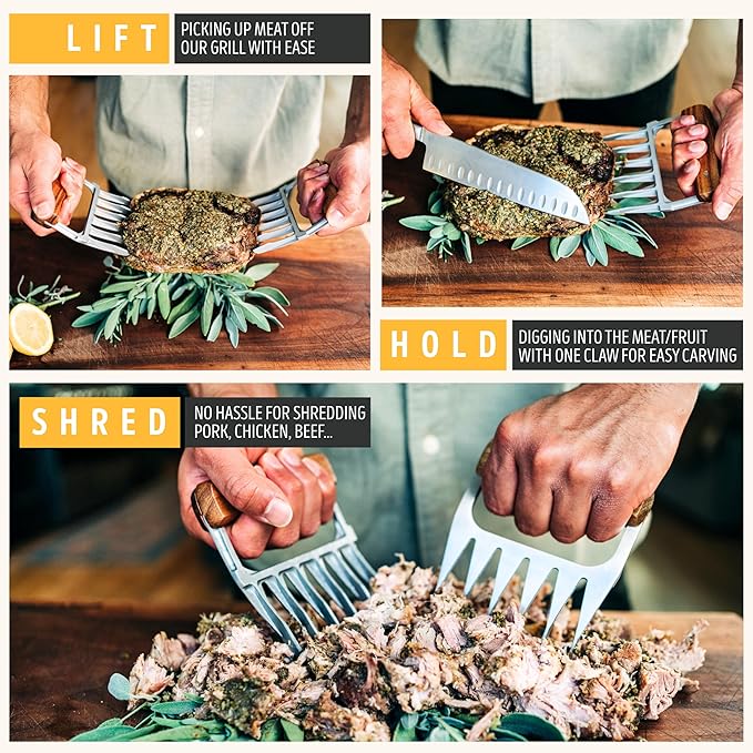 Premium 18/8 Stainless Steel Meat Shredder Claws with Wooden Handles – Effortlessly Shred, Pull & Serve Pork, Turkey, Chicken & Brisket – Perfect BBQ Gift Idea