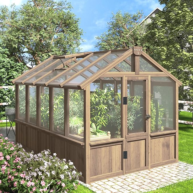 Mupater 6'x10' Wooden Greenhouse for Outdoor, Heavy Duty Green House Kit with Ventilated Window and Lockable Door, 6mm MWPC Panels for UV Protection, Walk-in Greenhouse for Backyard, Patio, Lawn