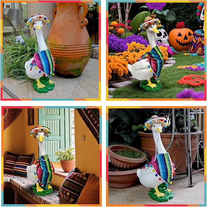 Porch Goose Statues + Porch Goose Outfits, 20" Large Durable Resin Goose Statue Decor with Fun Porch Goose Clothes, Mexican Sombrero Scarf Decorations Diy Indoor Outdoor Garden Patio Yard Lawn Gifts