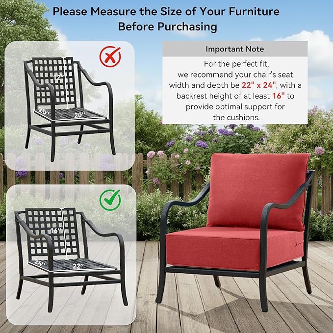 6" Thick Outdoor Cushions 22x24x6, 1-Set Deep Seat Patio Cushions with Removable Cover, Waterproof & Fade Resistant Replacement for Wicker Chair, Loveseat, Sofa - Red