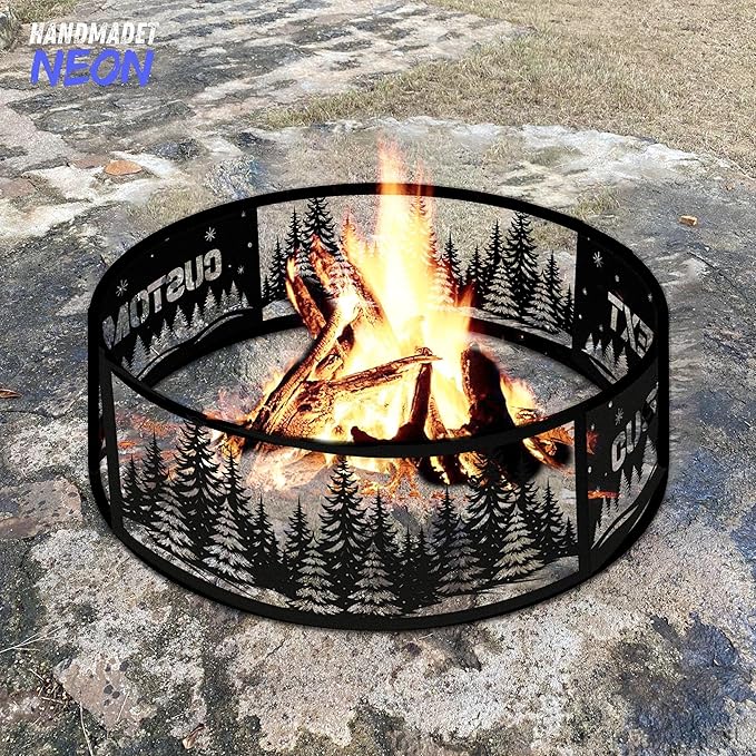 Personalized Fire Pit Ring 360 Degree, Outdoor Fireplace, Custom Text Fire Pits for Outside, Patio Firepit, Camping Bonfire Firepits, Garden BBQ Backyard Decor (Forest)
