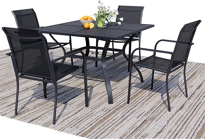 5 Piece Outdoor Dining Set, Patio Table and Chairs Set of 4, 37.5" Black Square Patio Table with 4 Black Stackable Patio Chairs for Lawn, Garden, Porch