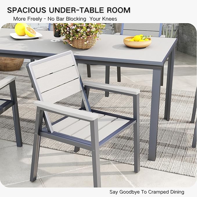 Kingdura 7 Piece Patio Dining Set for 6, HDPE Outdoor Table & Chairs with 11ft Cantilever Patio Umbrella, All-Weather Outdoor Furniture Patio Conversation Set for Lawn Pool Backyard, Grey