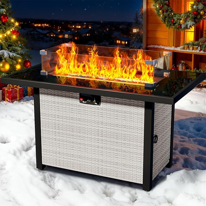 43-Inch Propane Fire Pit Table, Rattan Rectangular Outdoor Gas Fire Pit with Glass Wind Guard, Tempered Glass Tabletop & Lid, CSA Listed, 60,000 BTU, 304 Stainless Steel H-Burner, for Outside Patio