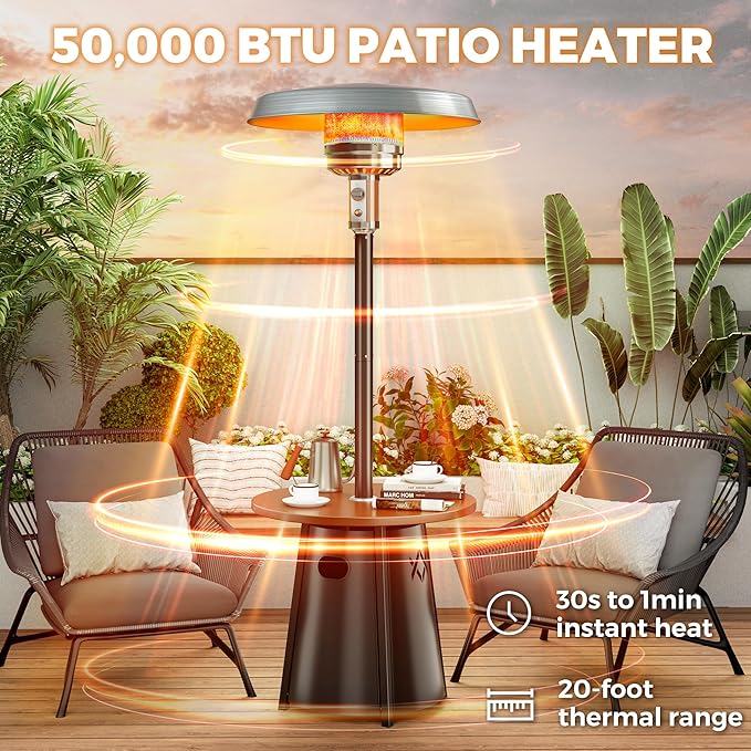 Pamapic 50,000 BTU Outdoor Heaters for Patio with Round Table Design, Premium 304 Stainless Steel Burner, Triple Protection System Propane Patio Heater for Porch Garden, Residential & Commercial Use