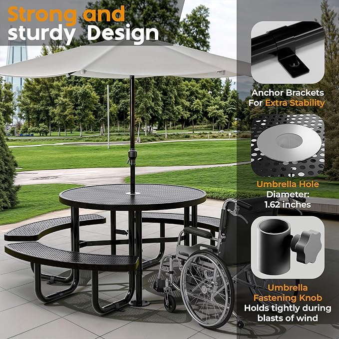 OUTTANS Metal Picnic Tables for Outdoors with Umbrella Hole - Coated Steel Heavy Duty Commercial Grade Furniture Set with Adjustable Seats (Black, 46 in, Round, Punched Steel)