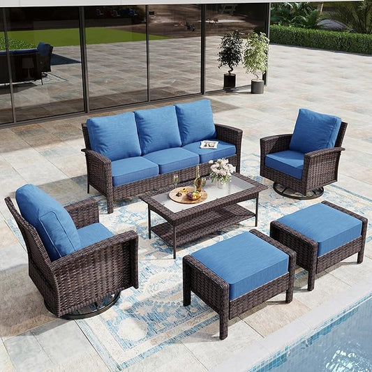 6-Piece Wicker Patio Furniture Set with Swivel Chairs, High Back Outdoor Furniture with 5.5-inch Thick Cushion and Ottoman, All-Weather Wicker Patio Conversation Set for Deck Lawn, Navy Blue