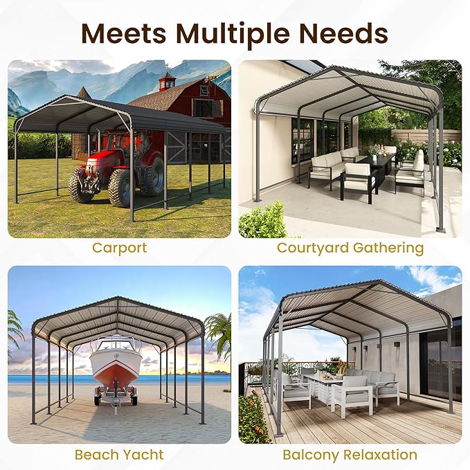 12' x 20' Carport, Heavy Duty Carport with Updated Roof & Enhanced Base, All Weather Steel Car Port, Multi-Use Car Port Garage, Metal Carports for Car, Truck, Boat, Tractors, Party, Grey