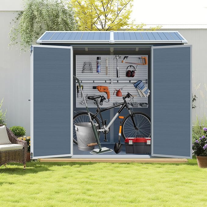 Resin Storage Shed 8x4 ft Outdoor Shed with Floor, Plastic Sheds with Two Windows and Lockable Double Door, Waterproof Garden Shed with Vents, Tool Sheds for Backyard, Patio, Lawn, Grey