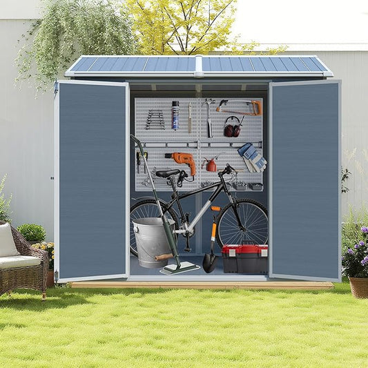 Resin Storage Shed 8x4 ft Outdoor Shed with Floor, Plastic Sheds with Two Windows and Lockable Double Door, Waterproof Garden Shed with Vents, Tool Sheds for Backyard, Patio, Lawn, Grey