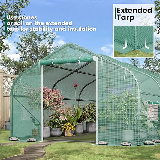 Walk-in Greenhouse 10×20×7FT, Outdoor Tunnel Greenhouse, Large Plant Hoop House for Outside, Hot House for Winter with 6 Ventilated Mesh Windows, Galvanized Steel Frame (Green, 20×10×7FT)