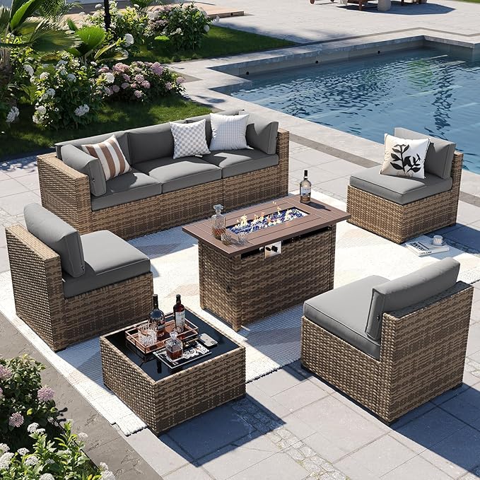 Aoxun Patio Furniture Sets, 8-Piece Outdoor Patio Furniture with 44'' Propane Gas Firepit Table, Wicker Outdoor Conversation Set Sectional Sofa for Backyard, Poolside, Garden