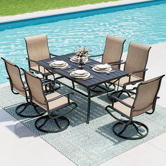 7-Piece Outdoor Dining Set, Patio Furniture Set with Textilene Swivel Chairs,Outdoor Table & 6 Chairs for Garden, Backyard, Poolside, Deck, Beige