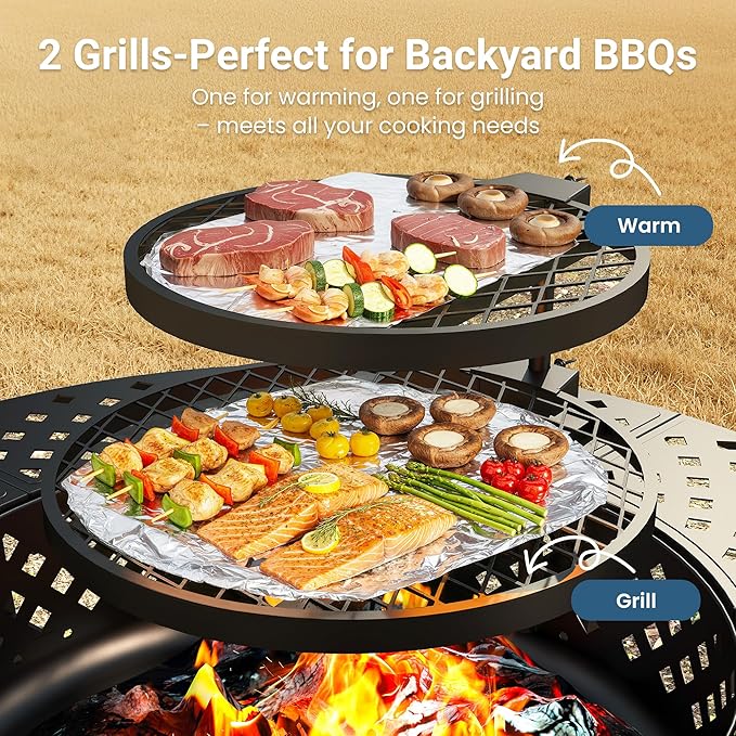 Wisteria Lane 3 in 1 43" Extra Large Fire Pit for Outside Wood Burning with 2 Adjustable Grills, Outdoor Fireplace with Lid and Fire Poker, BBQ & Bonfire & Round Metal Table for Patio, Backyard