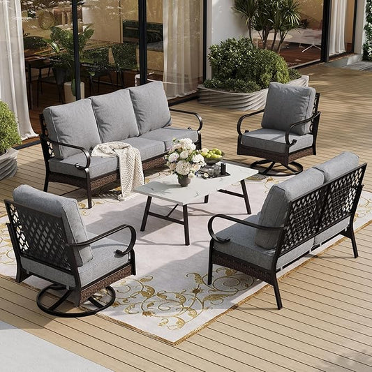 5 Piece Metal Outdoor Patio Furniture Set, Patio Conversation Sets 1 3-Seater Sofa, 2-Seater Sofa, 2 Swivel Sofa with 5.75" Thick Cushion & Coffee Table Black Backyard Furniture, Gray