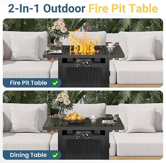 Black Propane Fire Pit Table, 50000 BTU Gas Fire Pits Table with Removable Lid and Lava Rock, Square Fire Table with Cover, 30'', Ideal for Dining or Party on Patio, Garden, Yard